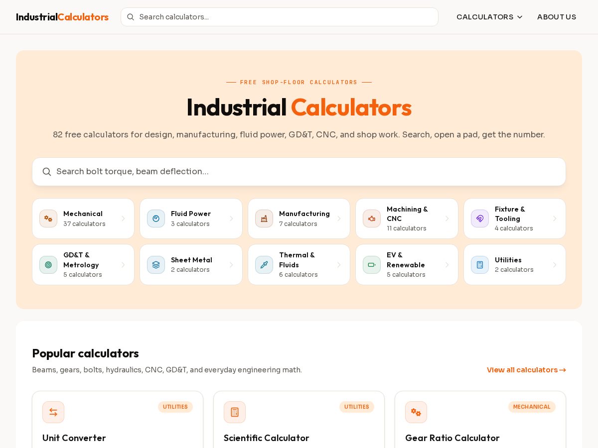 Landing-page snapshot of industrialcalculators.com