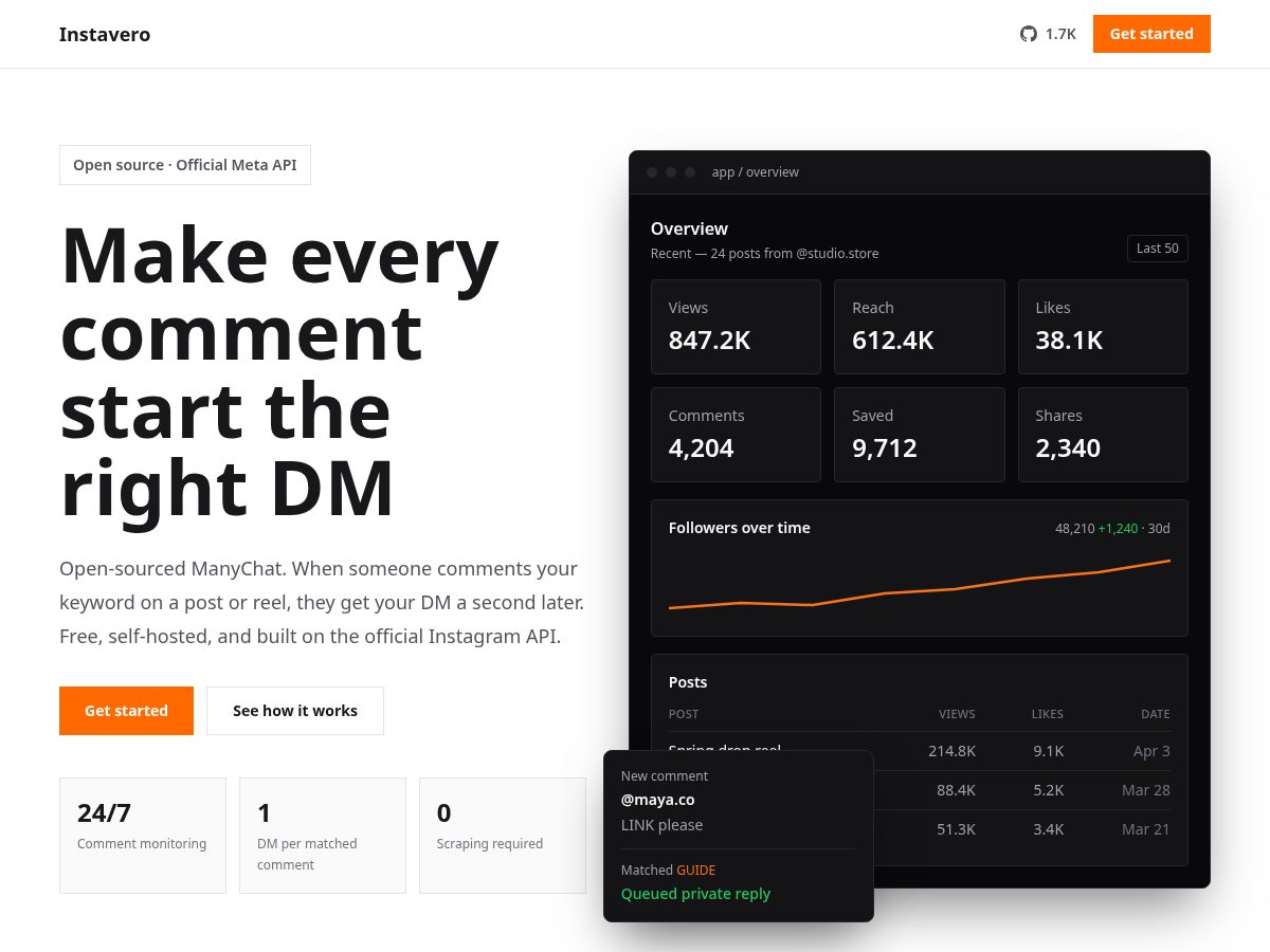 Landing-page snapshot of instavero.com