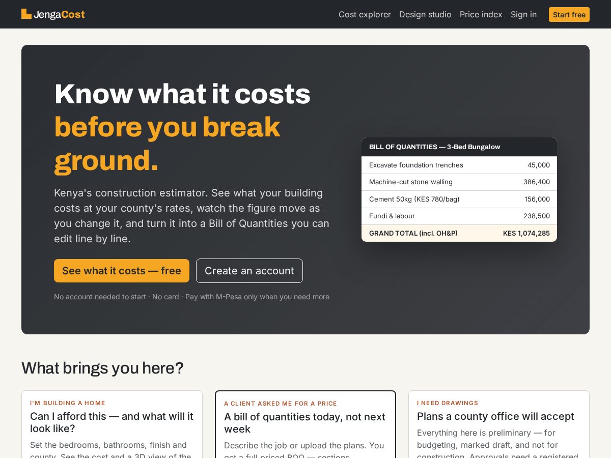 Landing-page snapshot of jengacost.com
