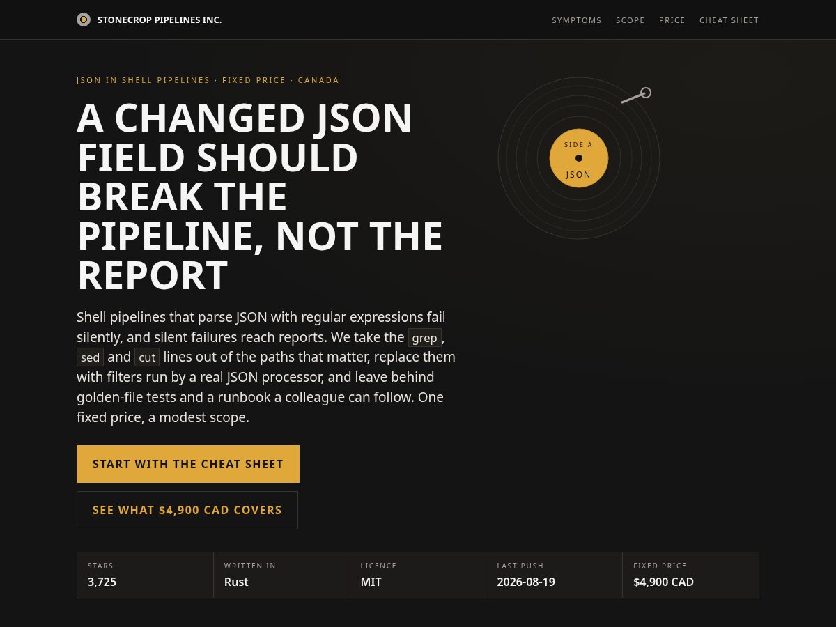 Landing-page snapshot of jsonpipelines.com
