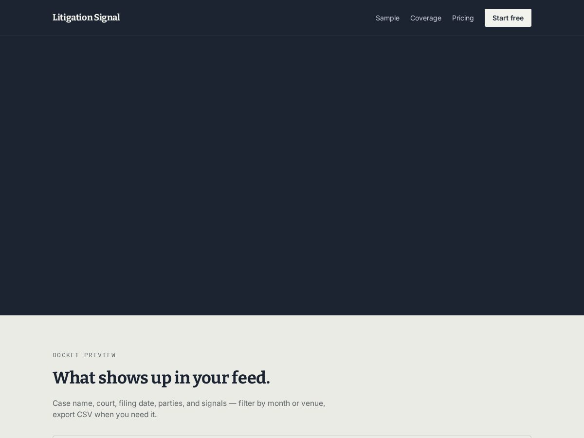 Landing-page snapshot of litigationsignal.com