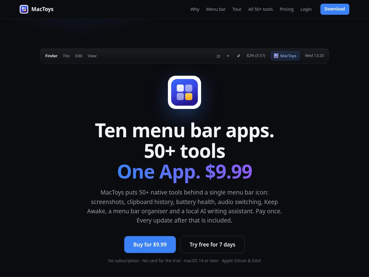 Landing-page snapshot of mactoys.app