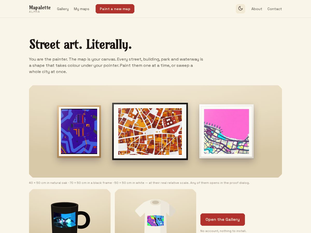 Landing-page snapshot of mapalette.art