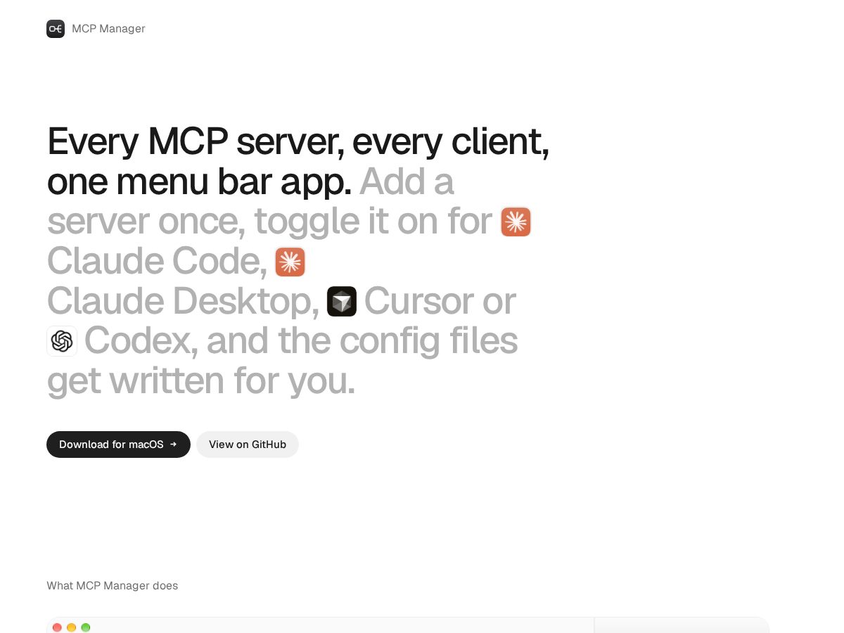 Landing-page snapshot of mcpmanager.space