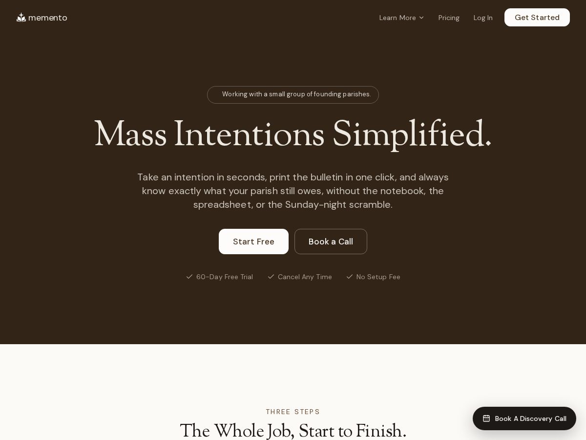 Landing-page snapshot of memento.church