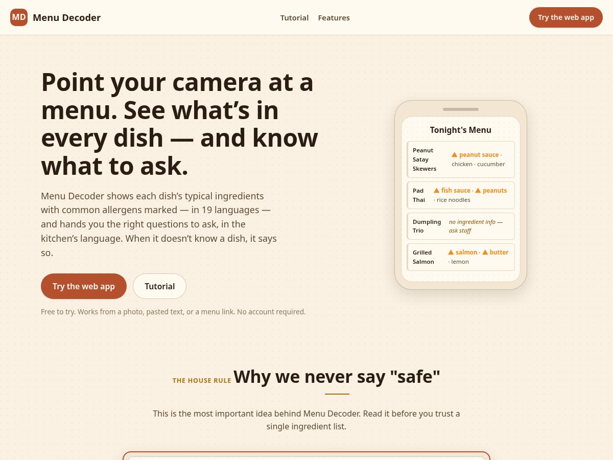 Landing-page snapshot of menudecoder.app