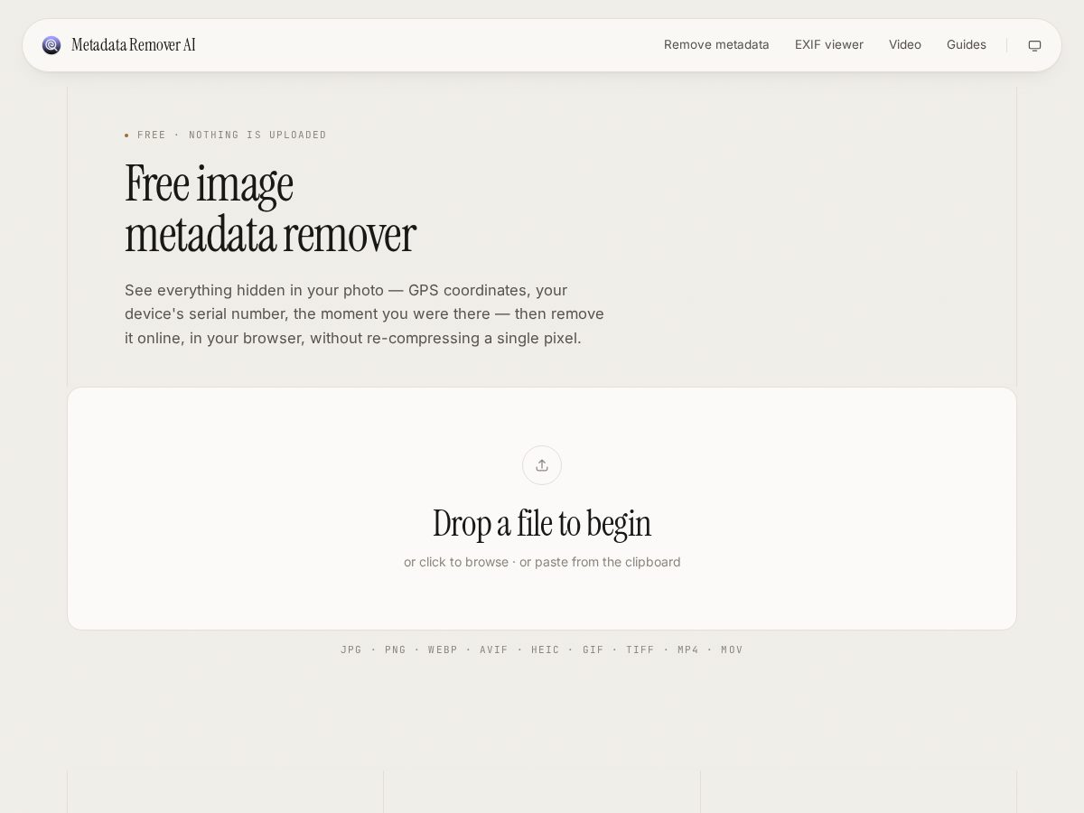 Landing-page snapshot of metadataremoverai.com