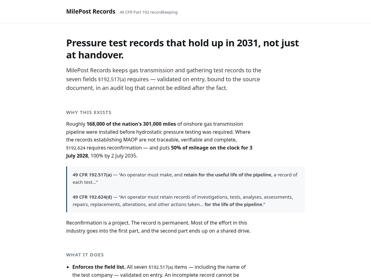 Landing-page snapshot of milepostrecords.com