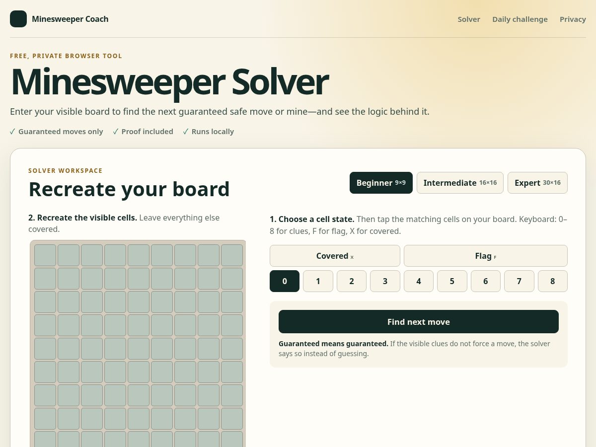 Landing-page snapshot of minesweepercoach.app