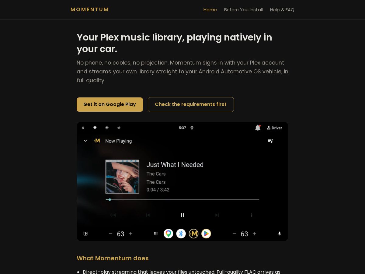 Landing-page snapshot of momentumcar.app