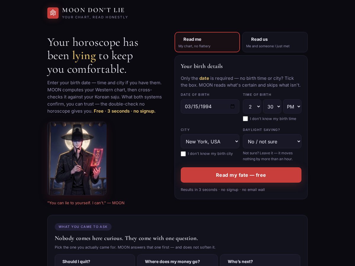 Landing-page snapshot of moondontlie.com