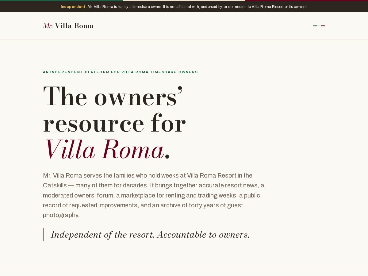 Landing-page snapshot of mrvillaroma.com