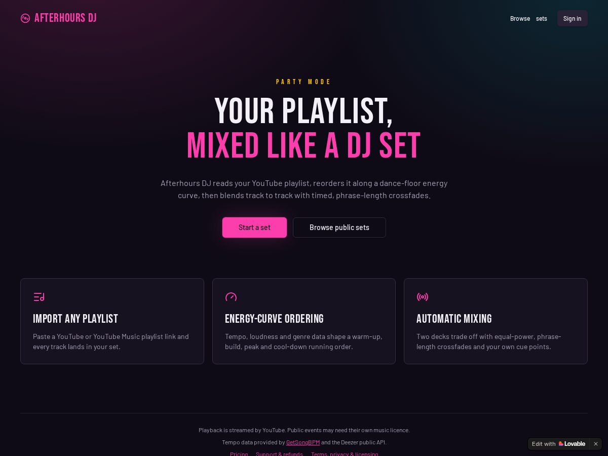 Landing-page snapshot of myplaylistdj.app