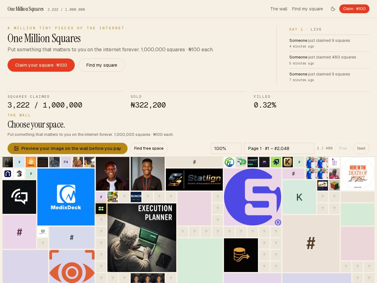 Landing-page snapshot of onemillionsquares.com