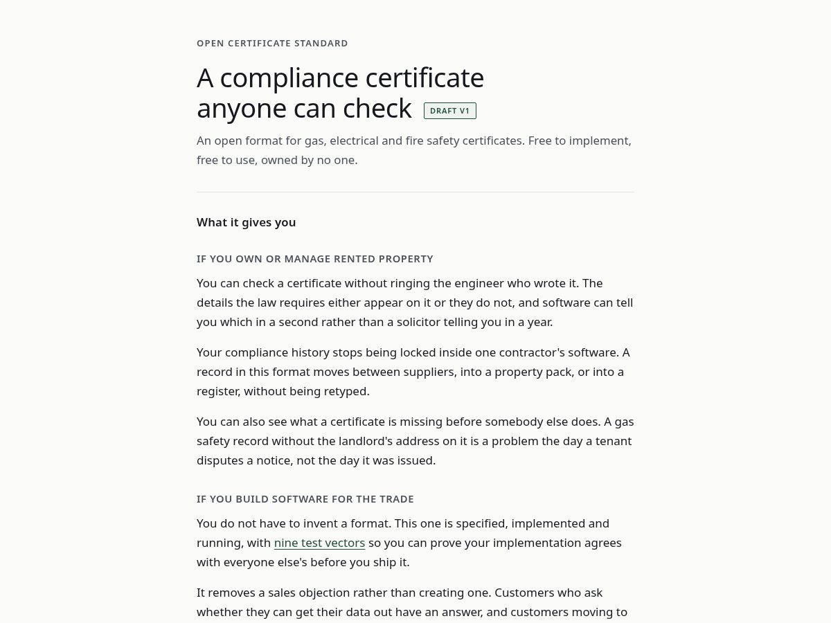 Landing-page snapshot of opencertificatestandard.org