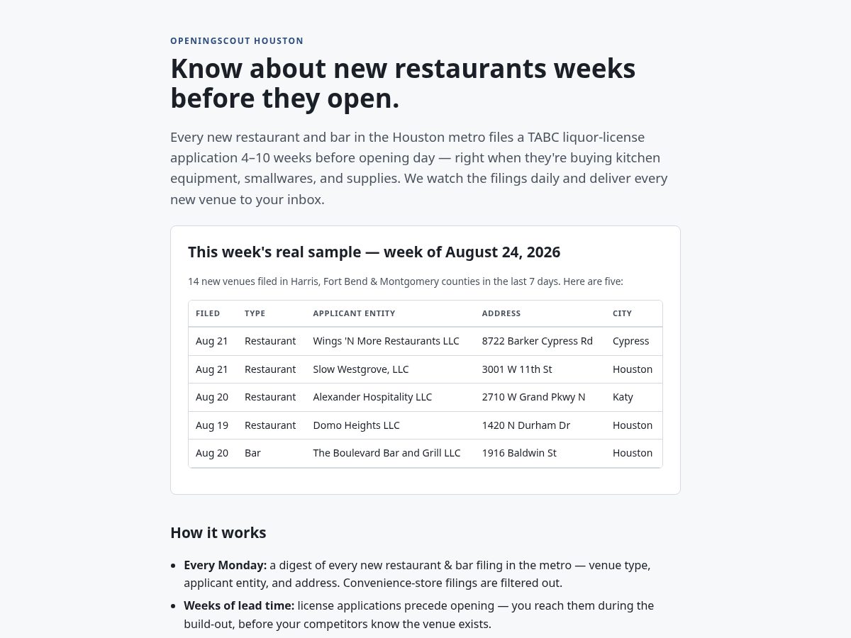 Landing-page snapshot of openingscout.com