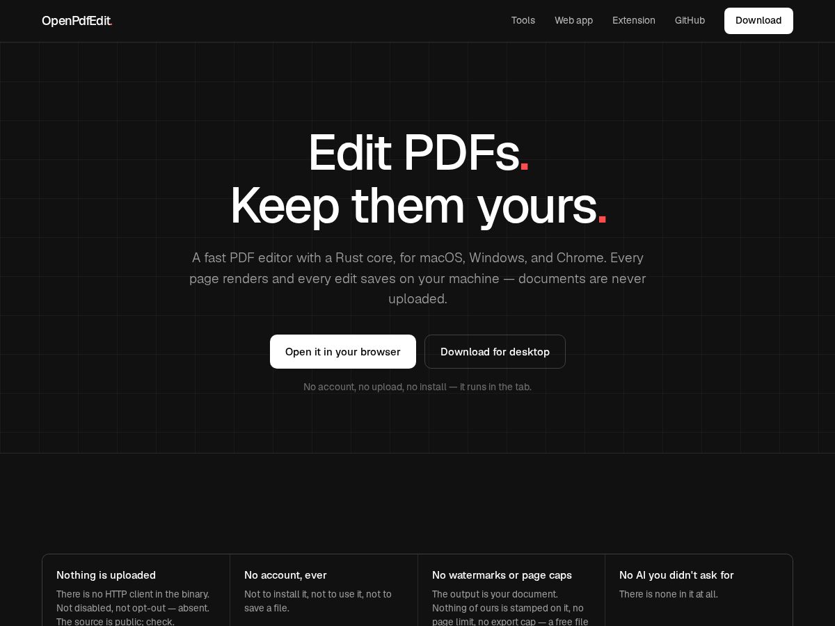 Landing-page snapshot of openpdfedit.com