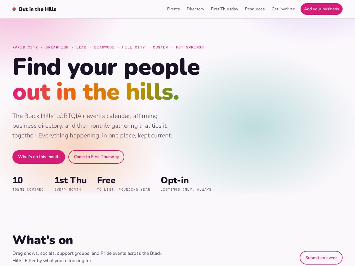 Landing-page snapshot of outinthehills.org