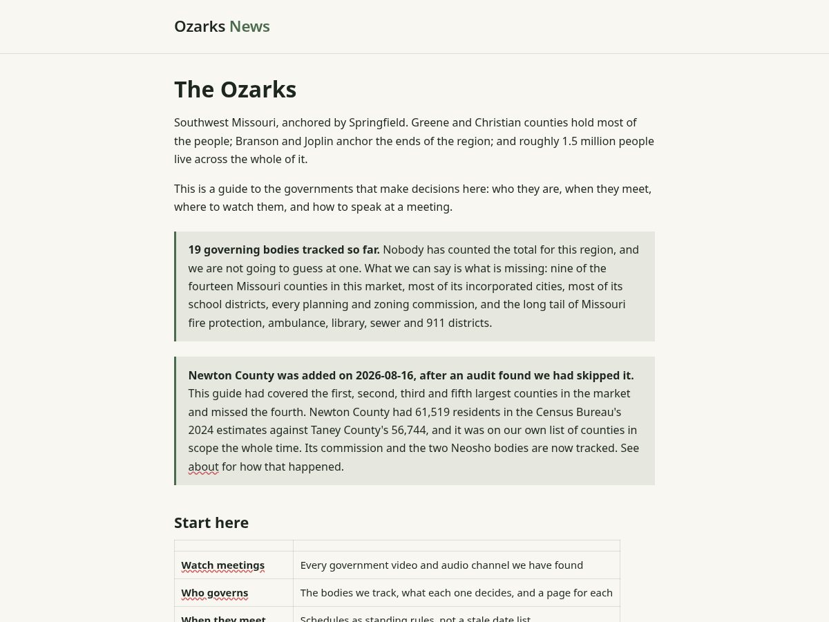 Landing-page snapshot of ozarks.news