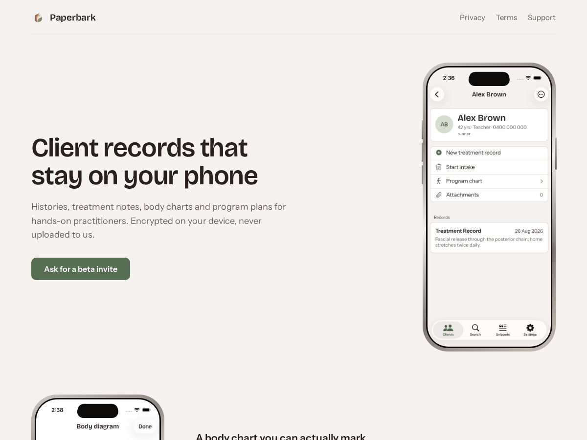 Landing-page snapshot of paperbark.app