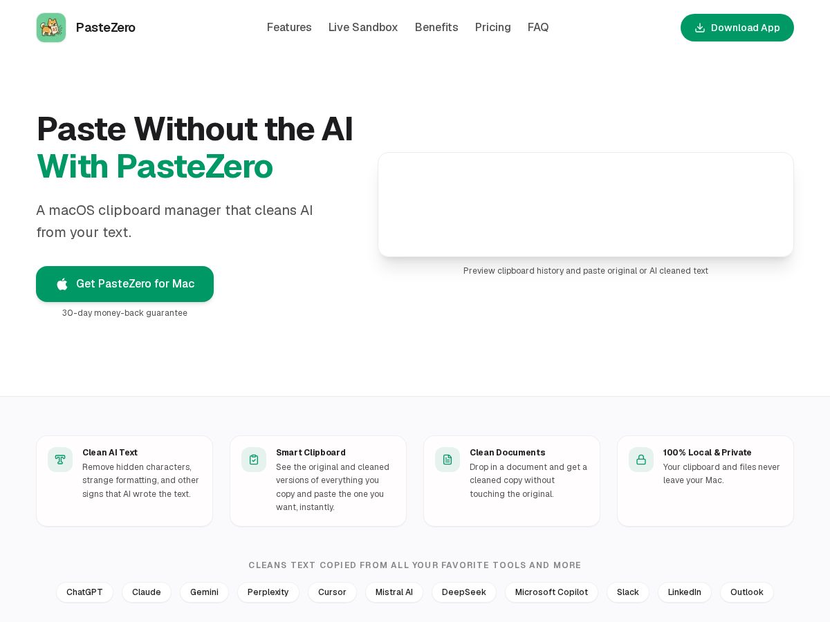 Landing-page snapshot of pastezero.com