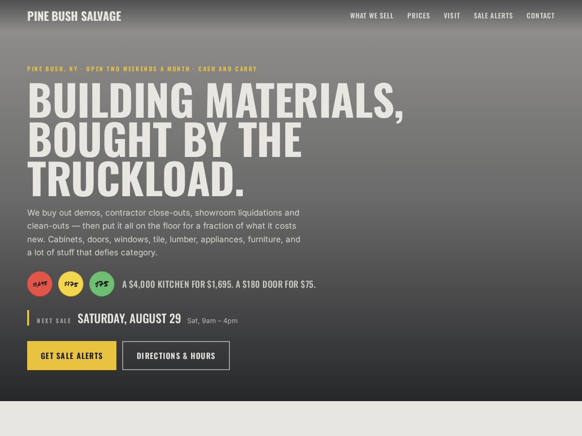Landing-page snapshot of pinebushsalvage.com
