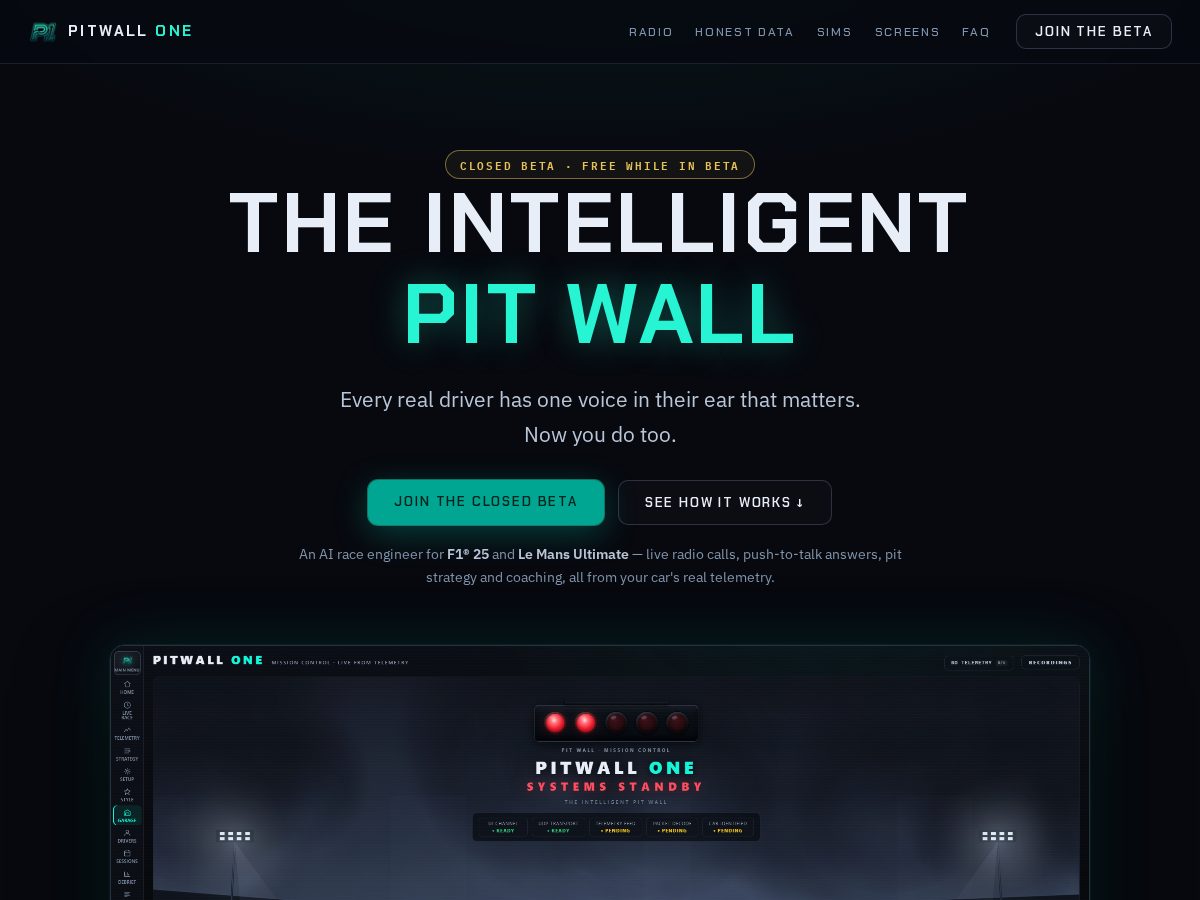 Landing-page snapshot of pitwallone.com