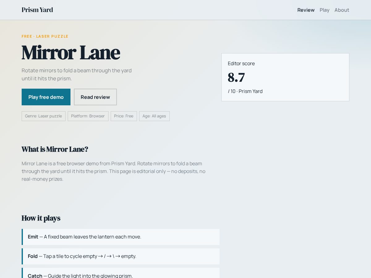 Landing-page snapshot of playmirrorlane.com