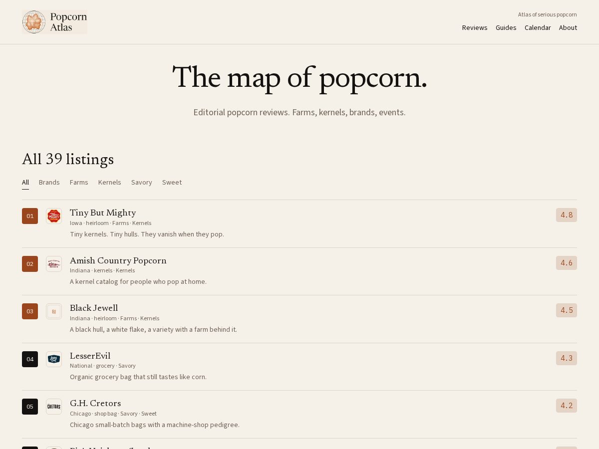 Landing-page snapshot of popcornatlas.com