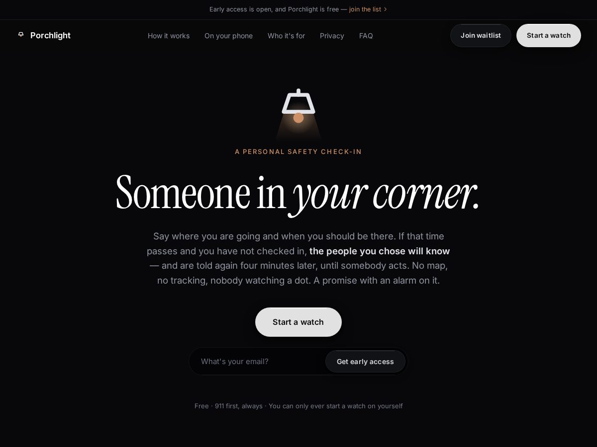 Landing-page snapshot of porchlight.watch