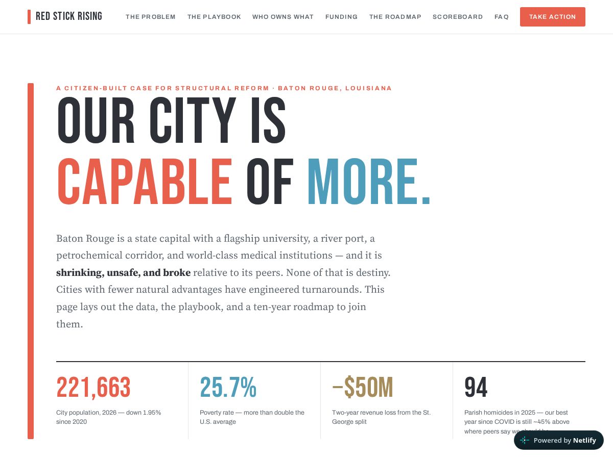 Landing-page snapshot of redstickrising.com