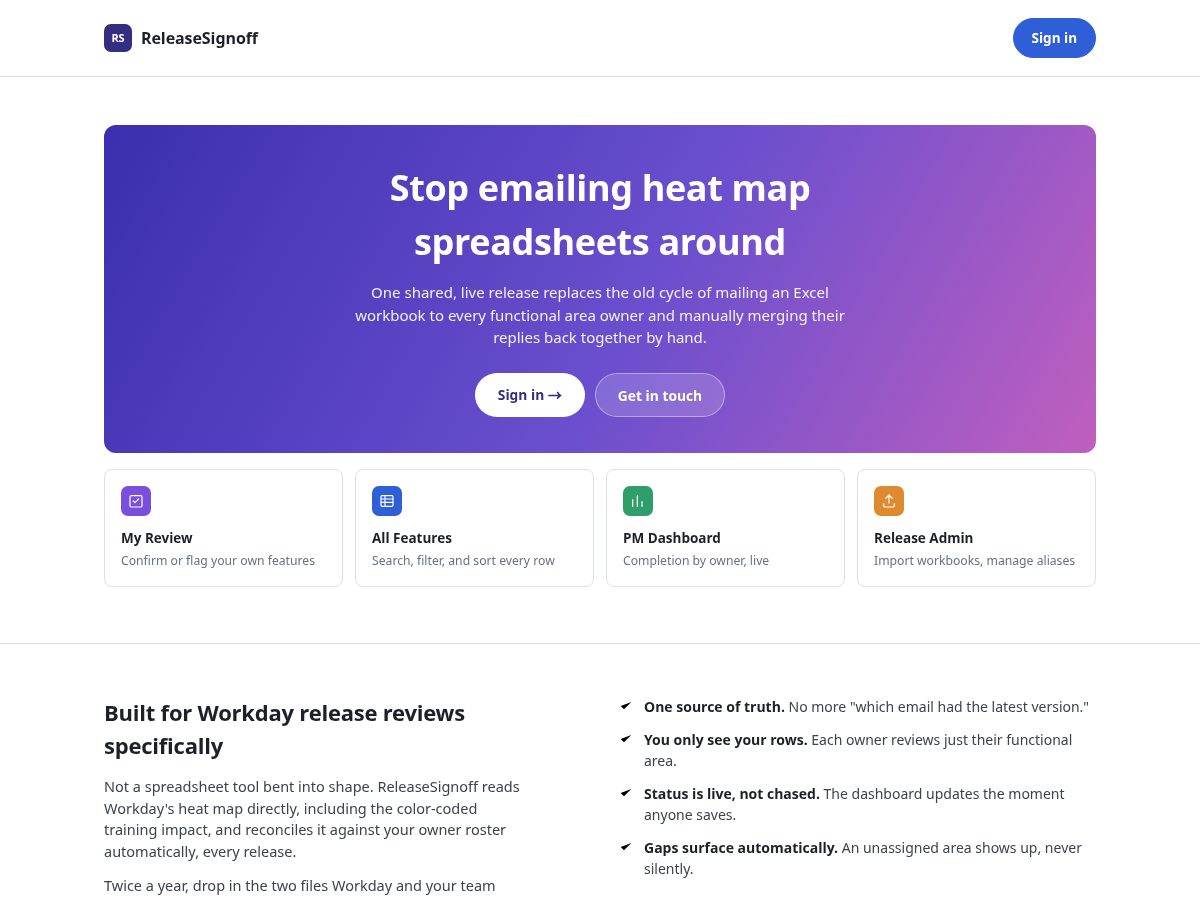 Landing-page snapshot of releasesignoff.com
