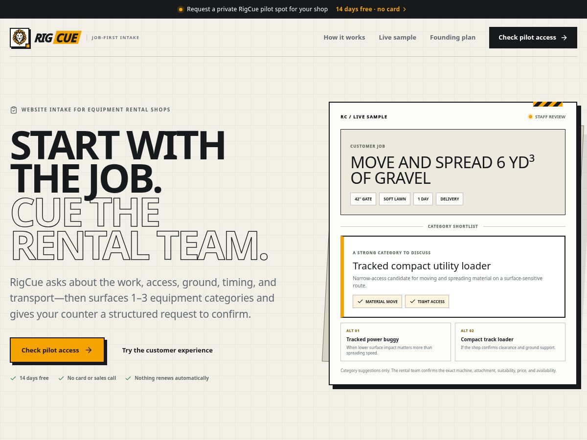 Landing-page snapshot of rigcue.com