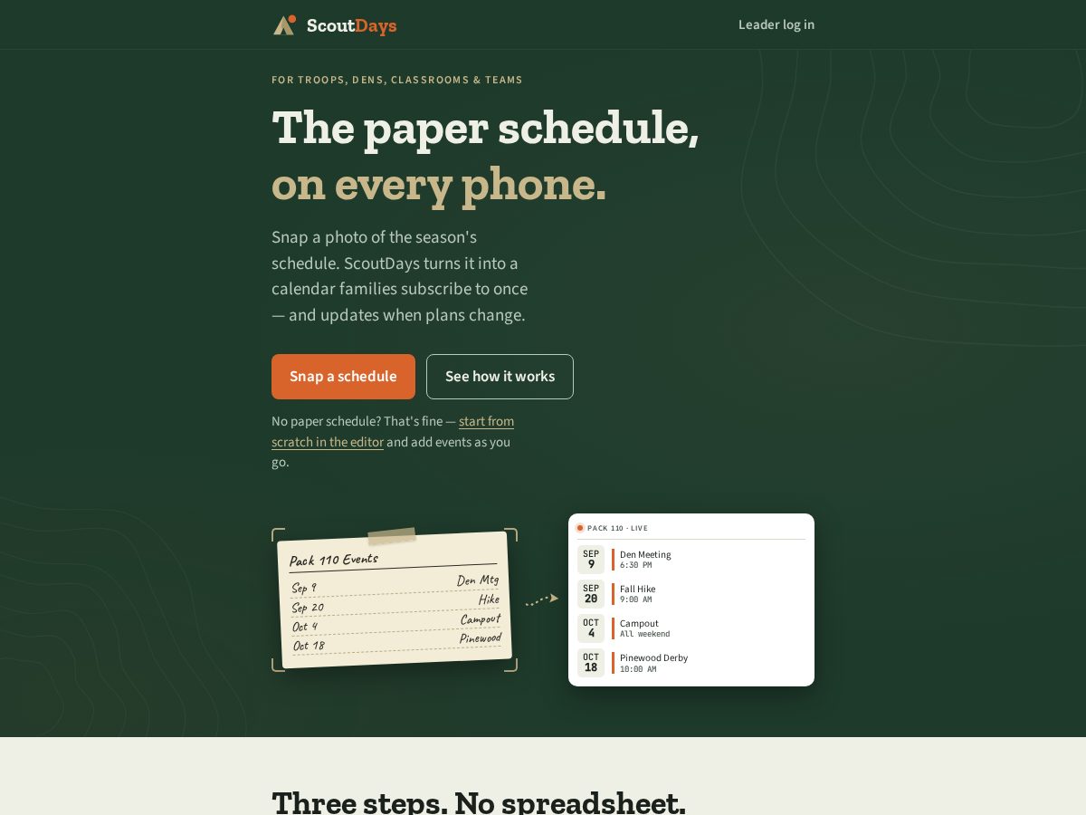 Landing-page snapshot of scoutdays.app