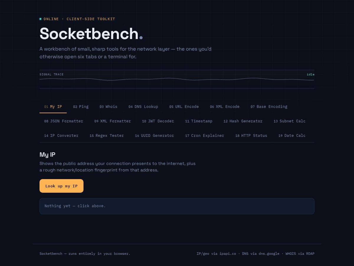 Landing-page snapshot of socketbench.com
