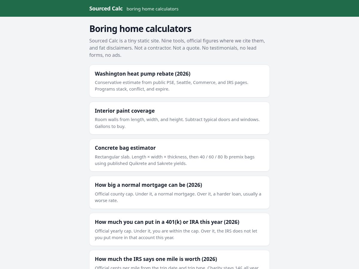 Landing-page snapshot of sourcedcalc.com