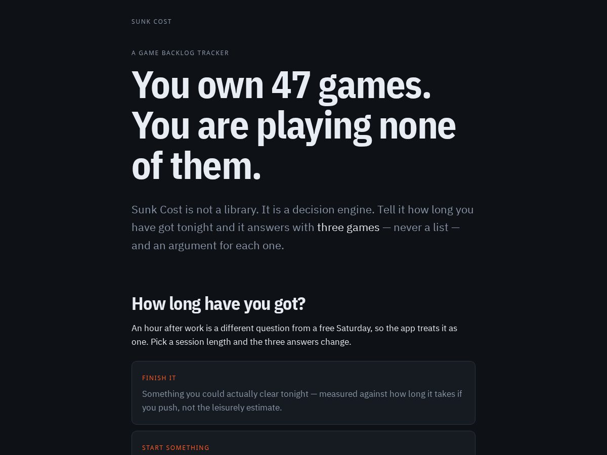 Landing-page snapshot of sunkcost.app