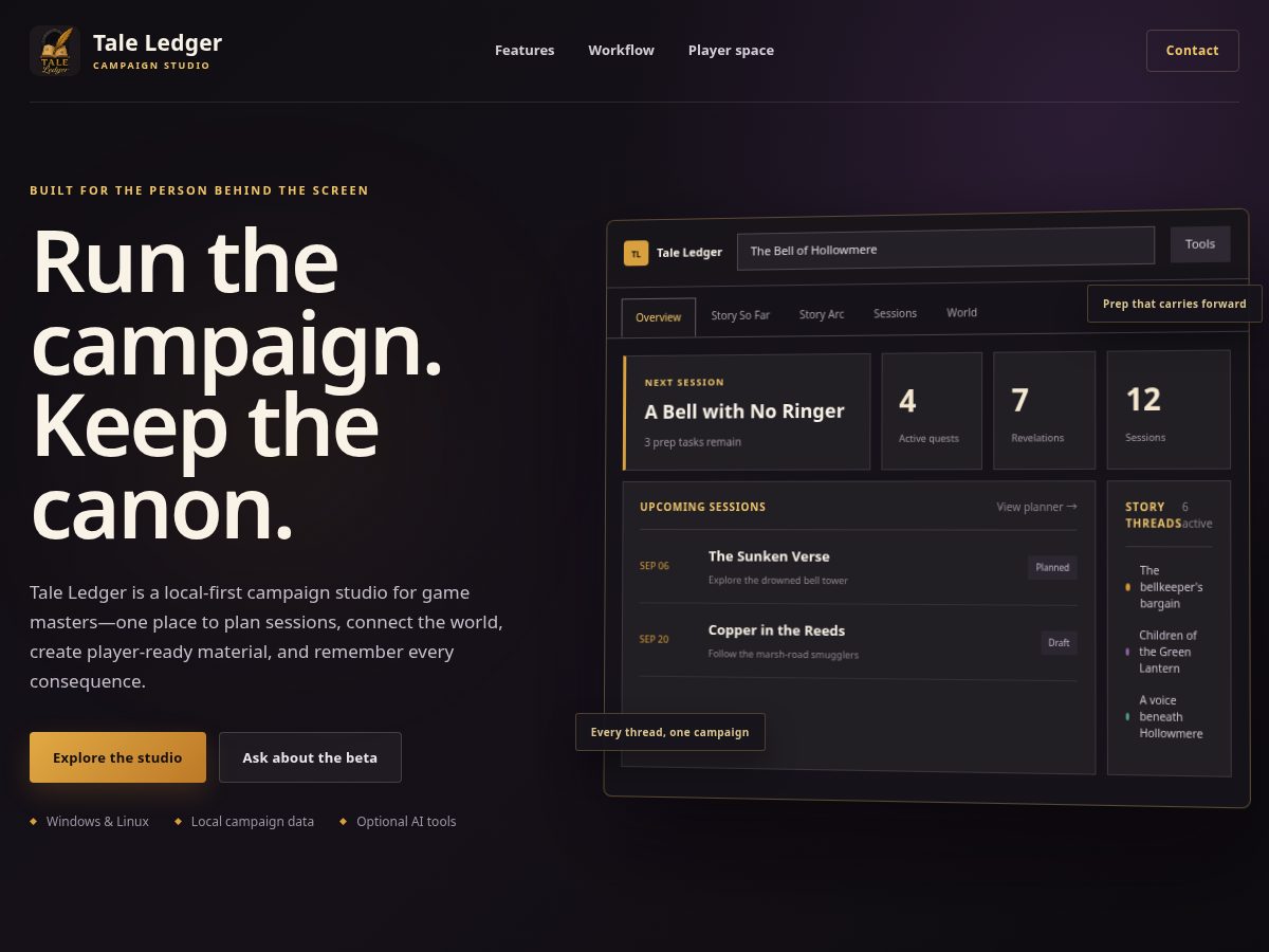 Landing-page snapshot of taleledger.com