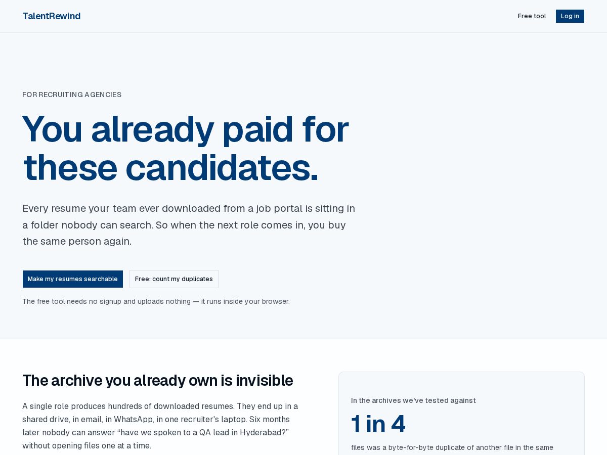 Landing-page snapshot of talentrewind.com