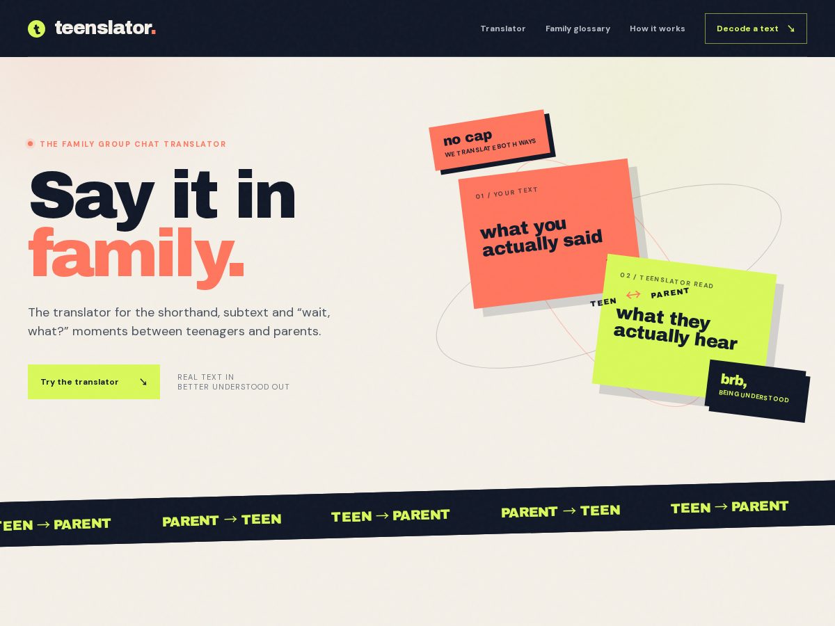 Landing-page snapshot of teenslator.com