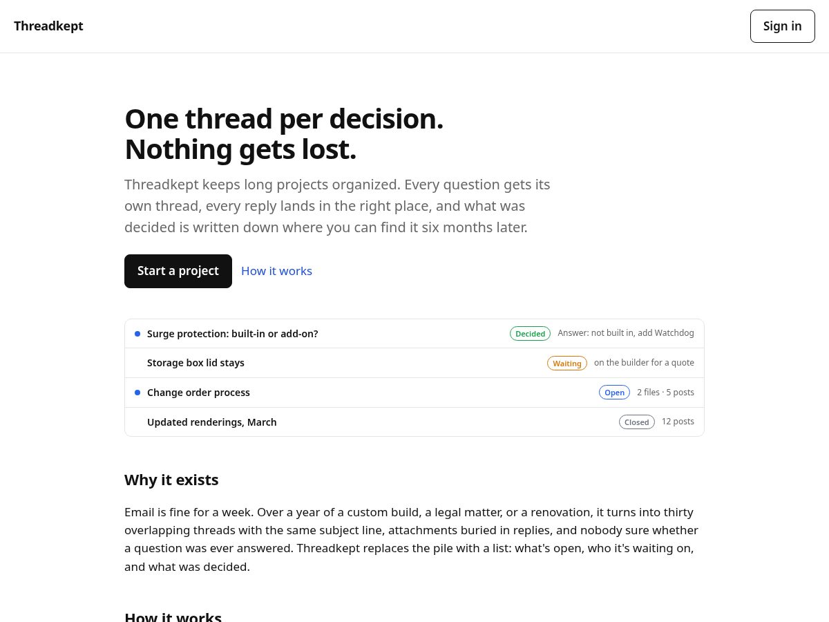 Landing-page snapshot of threadkept.com