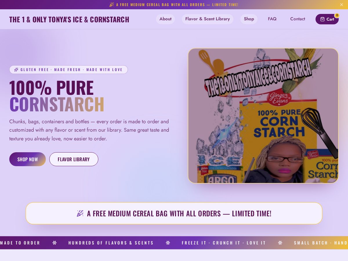 Landing-page snapshot of tonysiceandcornstarch.shop