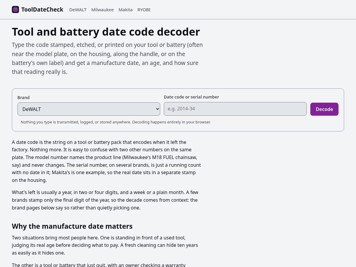 Landing-page snapshot of tooldatecheck.com
