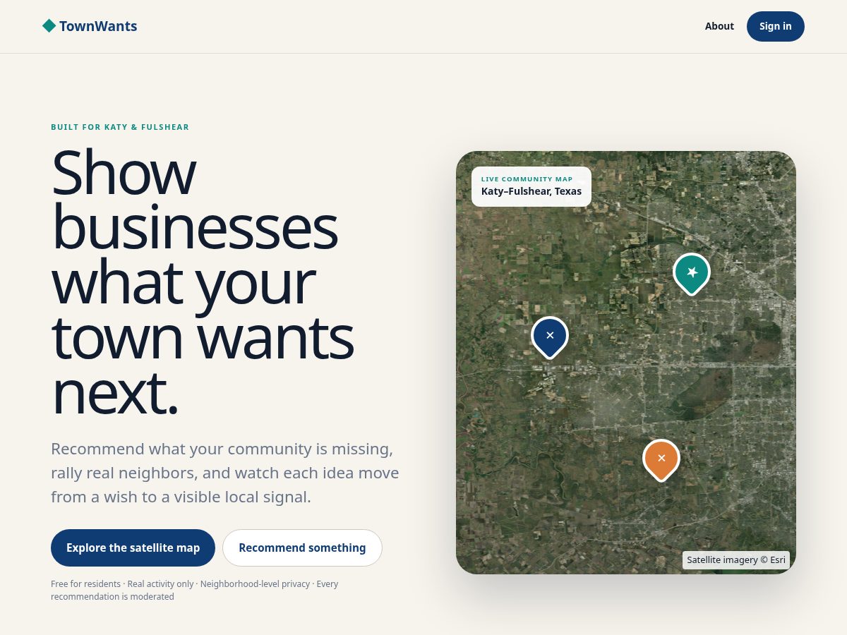 Landing-page snapshot of townwants.net