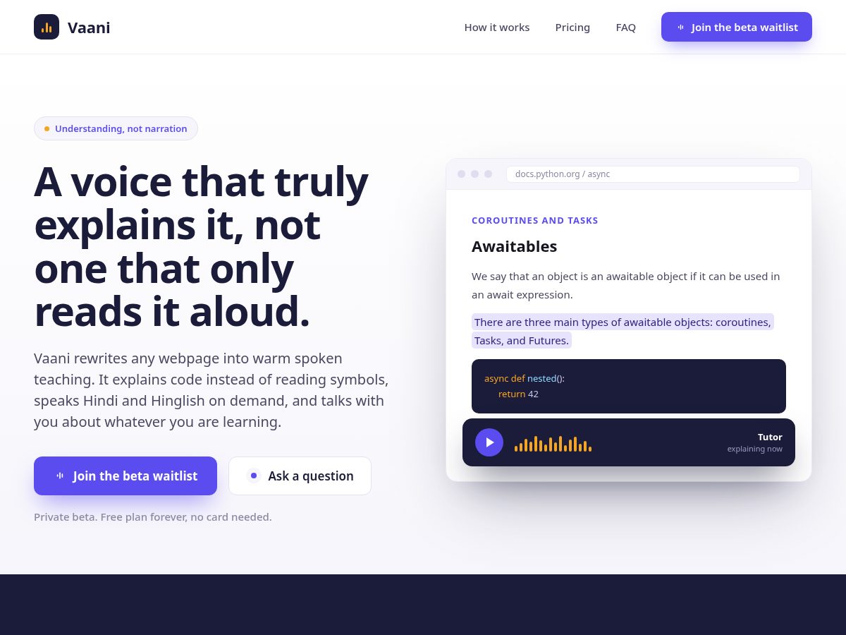 Landing-page snapshot of tryvaani.com
