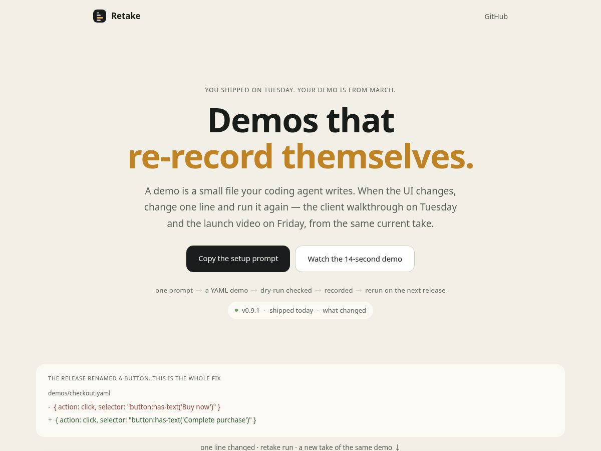 Landing-page snapshot of useretake.app