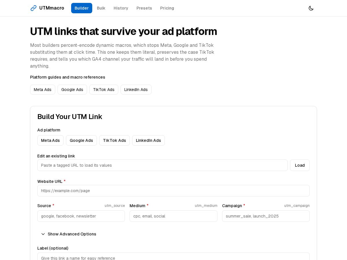 Landing-page snapshot of utmmacro.com