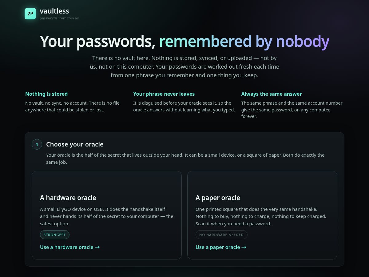 Landing-page snapshot of vaultless.space