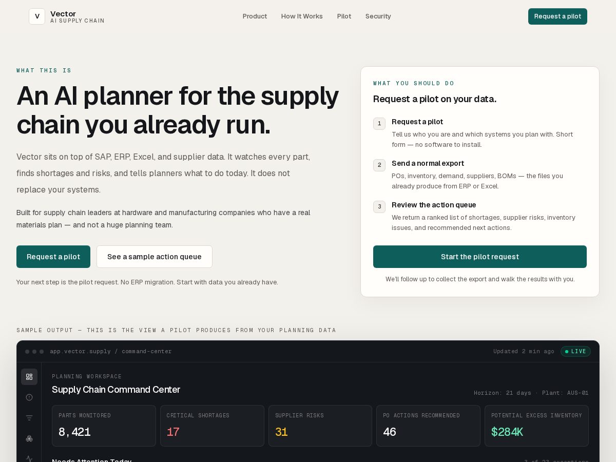 Landing-page snapshot of vectorplanner.com