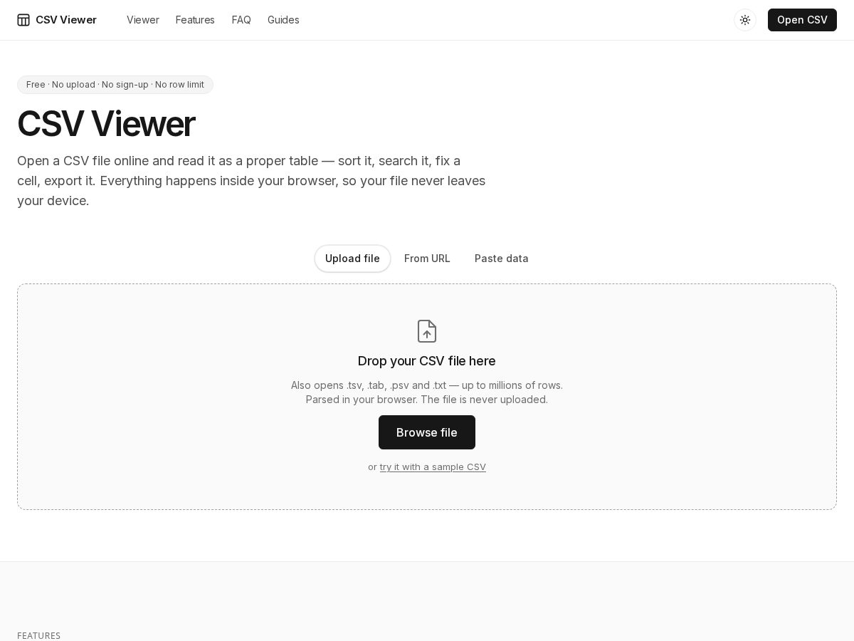 Landing-page snapshot of viewcsvonline.com